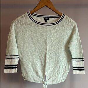 Express Light Green Lightweight Knit Sweater with Black & White Stripe Trim
